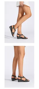 Detail of black wedge sandals for women featuring sparkling rhinestones on T-strap bands