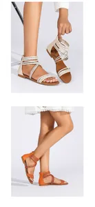 Detail van platte gladiatorsandalen met dunne bandjes en rits in beige en oranje kleur