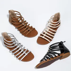 Women's flat Bohemian gladiator sandals in four colors with back zipper and leather straps