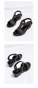 Detail of black wedge sandals featuring shimmering golden rhinestones and elastic ankle strap