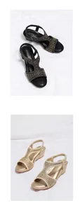 Detailed comparison of black and champagne gold wedge sandals with elastic heel straps
