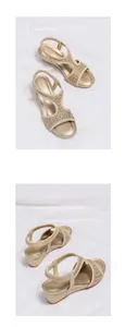 Detailed view of champagne gold wedge sandals with rhinestone embellishments and elastic strap