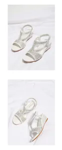 Detail view of white wedge sandals with sparkling rhinestone cut-outs and elastic straps