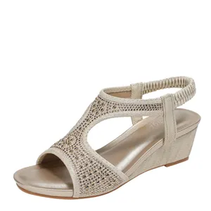 Women Roman Style Wedge Sandals With Rhinestone T-Strap Elastic Back Strap Comfortable Mid Heel Summer Beach Fashion Shoes