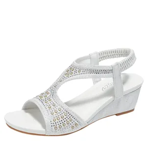 White wedge sandals for women with rhinestones, T-strap design and elastic back strap