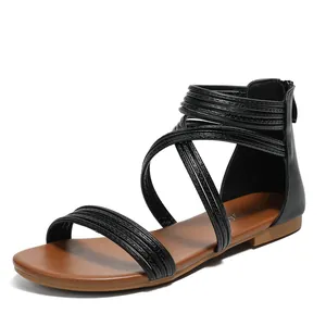 Elegante zwarte platte Romeinse sandalen met meerdere bandjes en rits voor dames