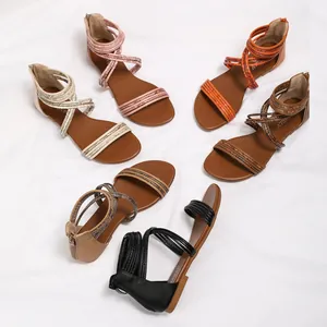 Dames gladiator sandalen met bandjes in zes kleuren, achterrits en platte zachte zool