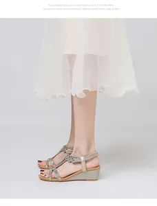 Detail of wedge sandals with rhinestones and elastic heel strap for women