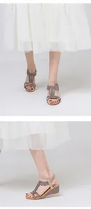 Detailed macro view of rhinestone wedge sandals with elastic back strap and hollow-out design