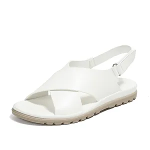 White minimalist cross-strap sandals with adjustable buckle and anti-slip platform sole