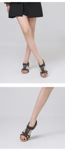 Detail showing women's black T-strap sandals with sparkling rhinestones and wedge heels