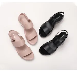 Flache Ansicht der Plateau Keilsandalen in Schwarz und Beige mit Klettverschluss