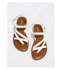 Detailed top view of white strappy flat sandals with toe loop and adjustable ankle buckle