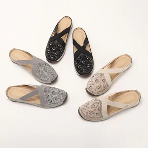 Women's slip-on mule shoes with sequin floral beadwork and elastic cross straps