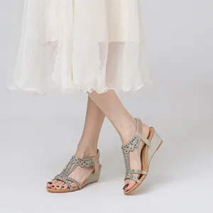 Champagne gold wedge sandals for women with rhinestone straps and elastic backstrap