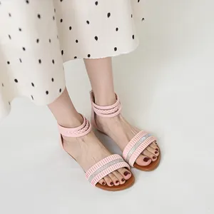 Women wedge pink sandals with rhinestone strap and elegant ankle buckle straps