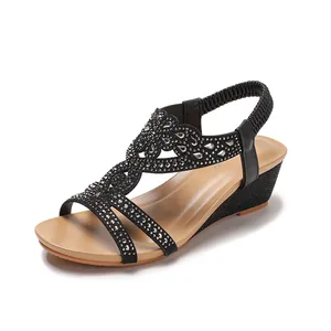 Sandali con zeppa estivi da donna con strass scintillanti e cinturino elastico retrò