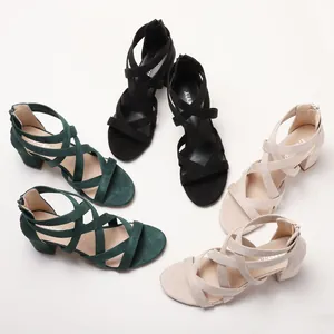 Sandalias de tacón ancho para mujer en negro, verde y beige con cremallera posterior