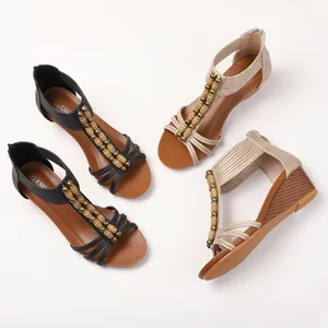 Γυναικεία vintage σανδάλια με πλατφόρμα, boho χάντρες, T-strap και πίσω φερμουάρ