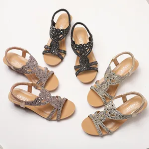 Sandali con zeppa bohémien con strass e cinturini elastici in nero, argento e oro rosa
