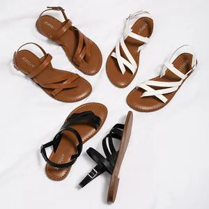 Women's cross strap flat sandals with adjustable buckles in brown, white and black colors