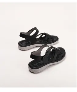 Detail of cross-strap sandals showing the non-slip wavy platform sole and padded footbed