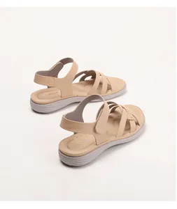 Top view of beige wedge sandals featuring multi-strap cross design and gray soft soles