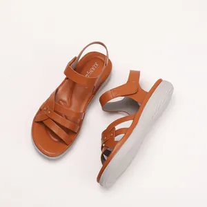 Women's brown platform sandals with cross-strap faux leather and velcro closure