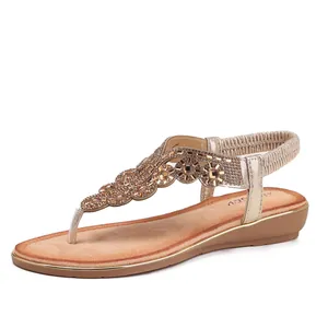 Sandales à Talons Compensés Bohémiennes à Strass pour Femmes Chaussures à Plateforme à Bride en T avec Bride Arrière Élastique