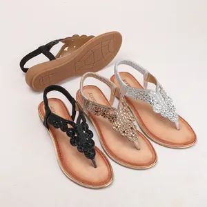 Sandales bohèmes à talons compensés avec strass et semelle antidérapante noir or argent