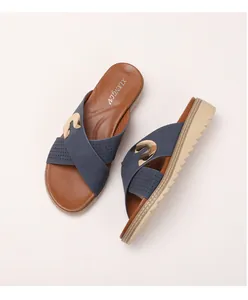 Detail of navy blue platform slides featuring cross straps and gold metal hardware accents