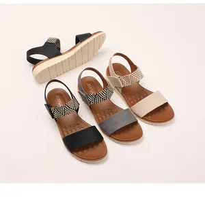 Detail of wedge sandals showing non-slip textured soles and woven heel straps in three colors