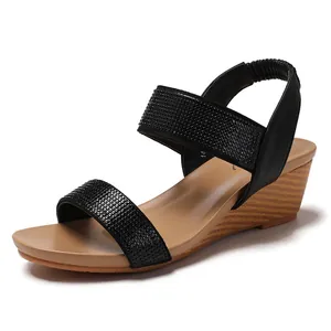 Bohemian black wedge sandals with rhinestone straps and wood grain platform sole