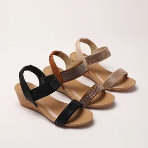 Bohemian wedge sandals with rhinestone straps in black, brown, and beige colors
