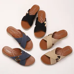 Bohemian women's slip-on sandals with cross straps and gold metal buckle in three colors