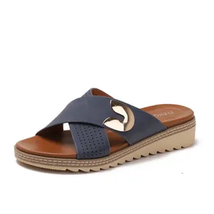 Navy blue wedge sandals with gold metal accent and non-slip platform sole for summer
