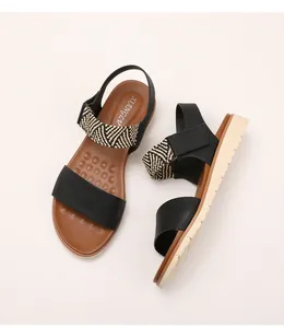 Close-up of women wedge sandals featuring massage footbed and braided elastic straps