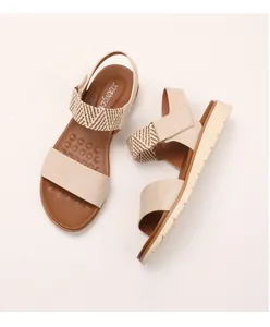 Detailed view of women's wedge sandals featuring woven straps and soft massage insoles