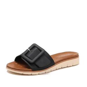 Sandalias de cuña bohemias para mujer con tira de cuero negro y hebilla cuadrada