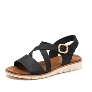 Women's black cross strap wedge sandals with gold buckle and comfortable thick white soles