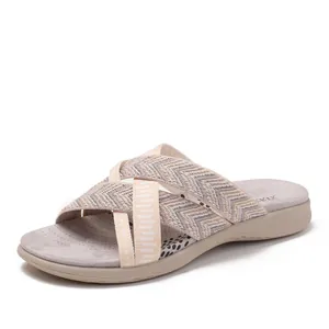 Damen Casual Überkreuzte Riemen Keilabsatz Plateau Hausschuhe Atmungsaktiv Fly Woven Geometrisches Fischgrätmuster Sommer Strand Slides