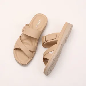 Beige platform wedge sandals with cross-strap buckles and anti-slip thick soles