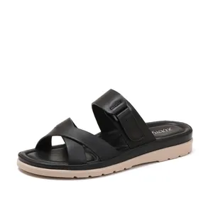 Women wedge platform sandals with black cross straps and comfortable thick beige sole
