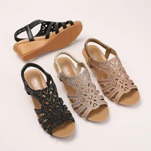 Sandales bohèmes à talons compensés pour femmes avec strass, découpes cœur et bride élastique
