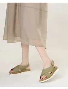 Detailed view of the platform sandals with crossover straps and stylish golden sole accents