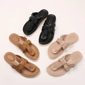 Sandales à entredoigts pour femmes avec semelle épaisse et boucles en noir, caramel et beige