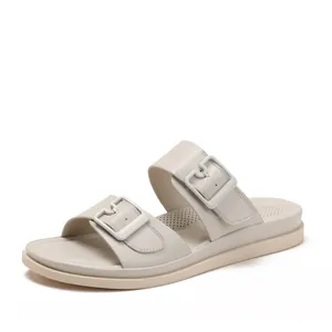 Women's Fashion Double Buckle Slides Casual Solid Color Non-slip Platform Slippers Open Toe Outdoor Vacation PU Leather Shoes