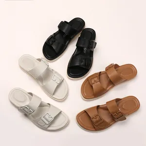 Women's thick sole slide sandals with dual adjustable buckles in three neutral colors