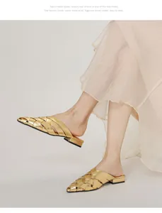 Detailed side view of golden woven mule shoes featuring pointed toes and low block heels