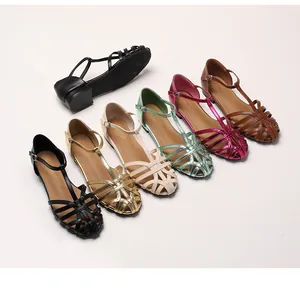 Flat woven sandals for women showing six colors including black gold and beige